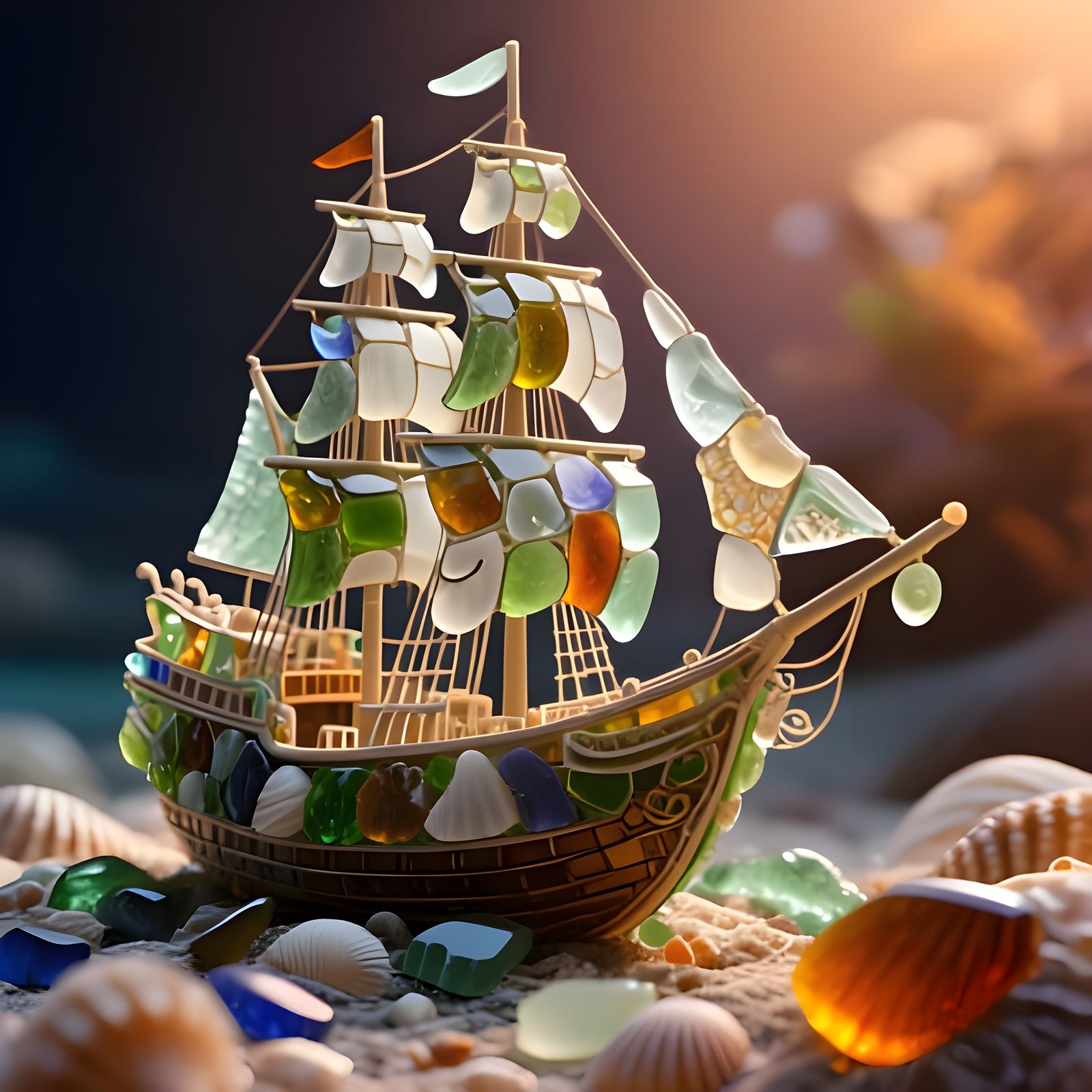 Elegant Ship Crafted From Sea-Glass in Warm Light