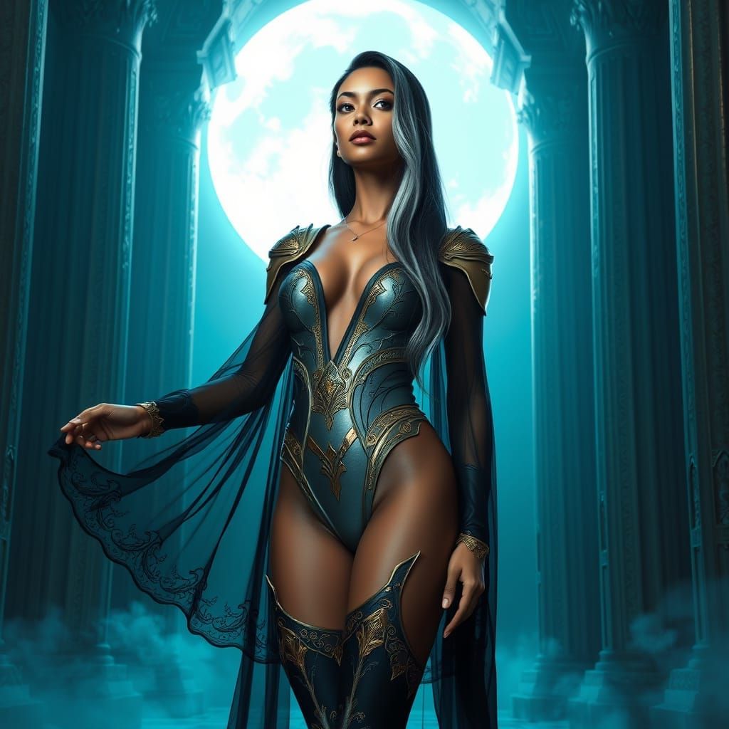 Mystical Latina Woman in Ancient Temple Under Moonlight