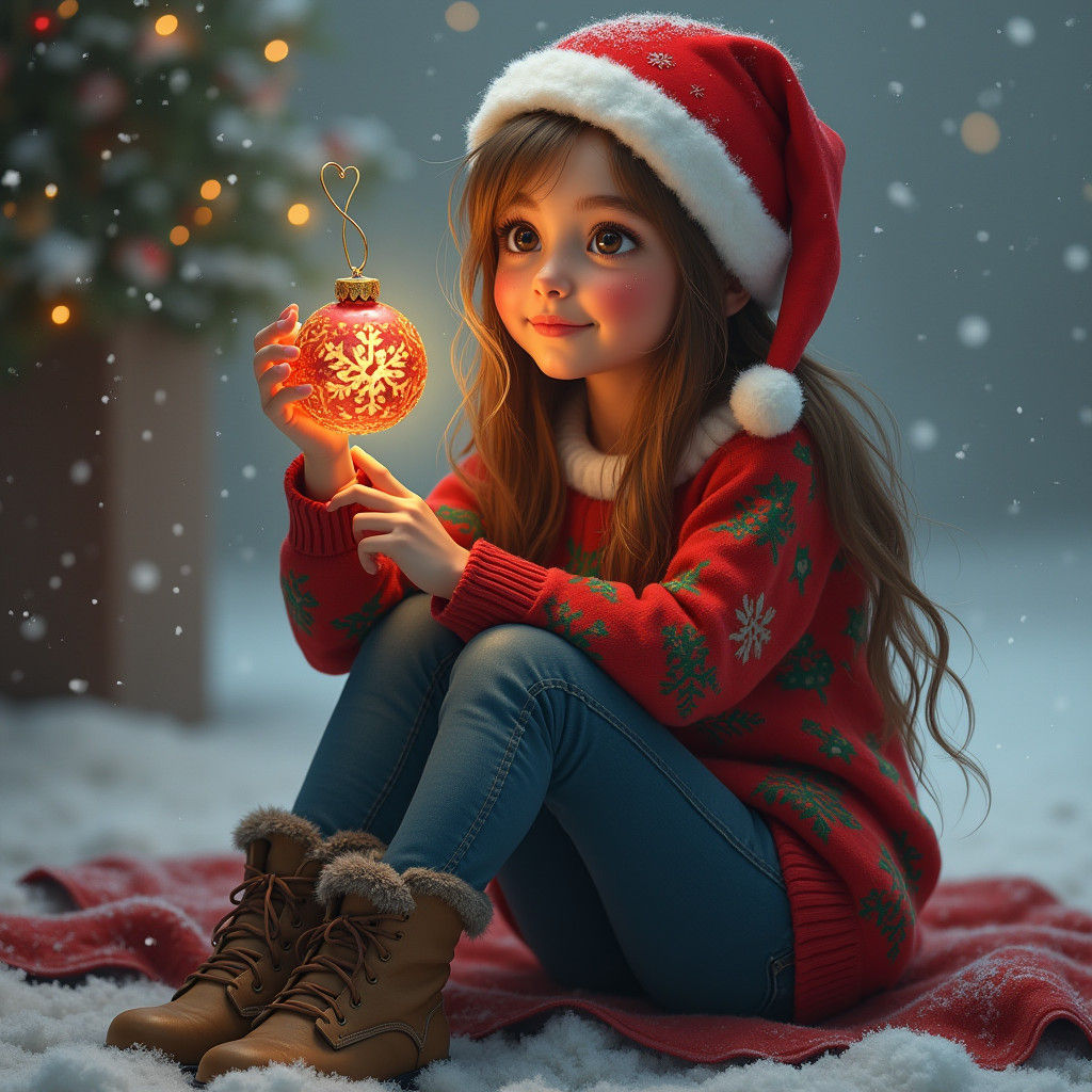 Girl's Joyful Gaze: Christmas Ornament in Winter Wonderland