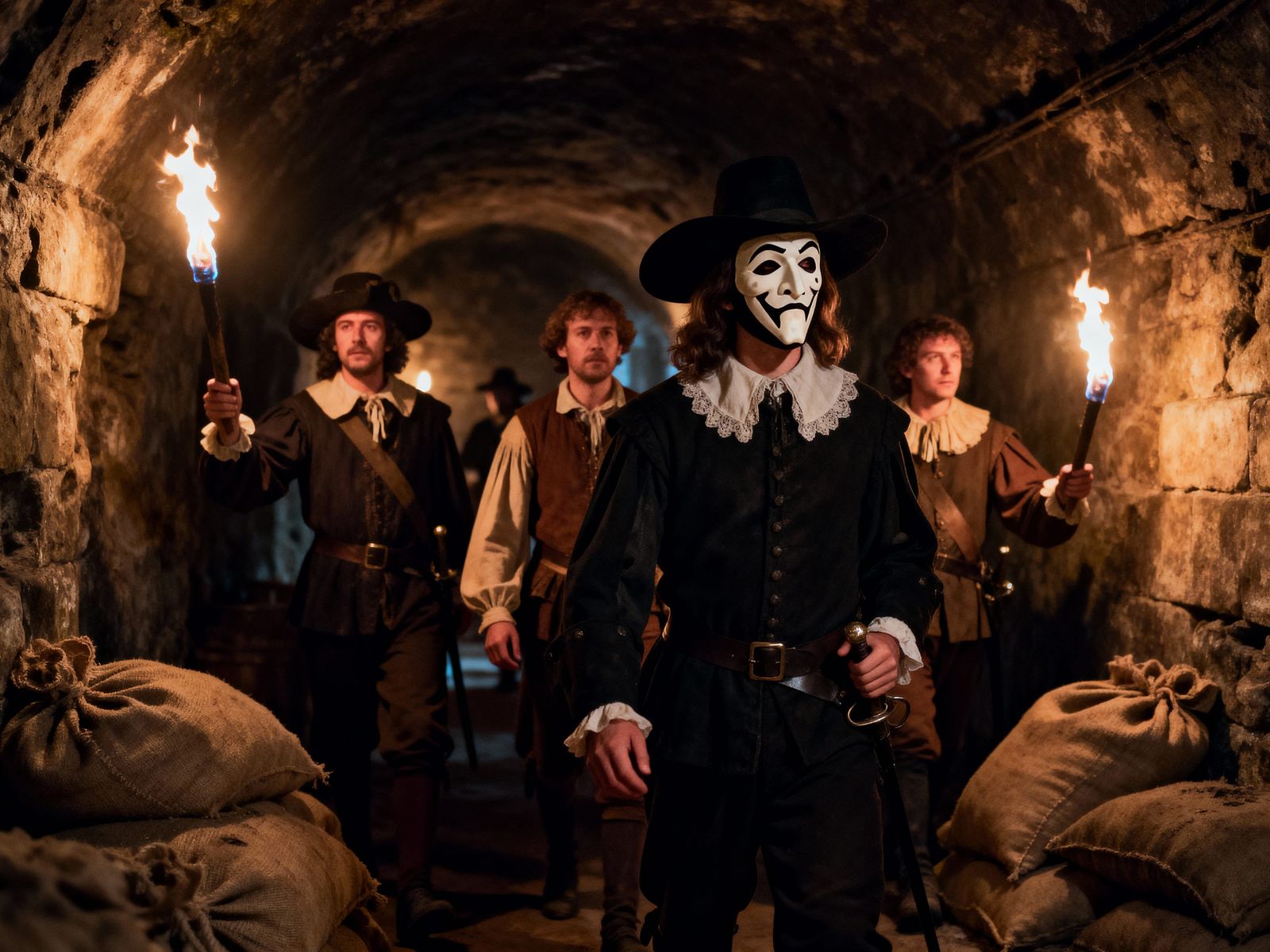 Guy Fawkes in Torchlit Catacombs Before Gunpowder Plot Disco...