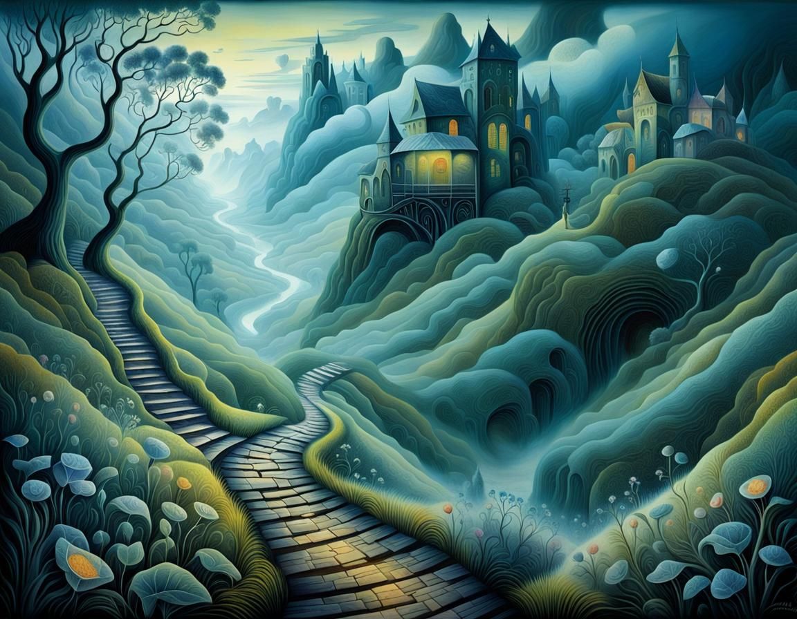 Mysterious Path Through Misty Valley: Detailed Art