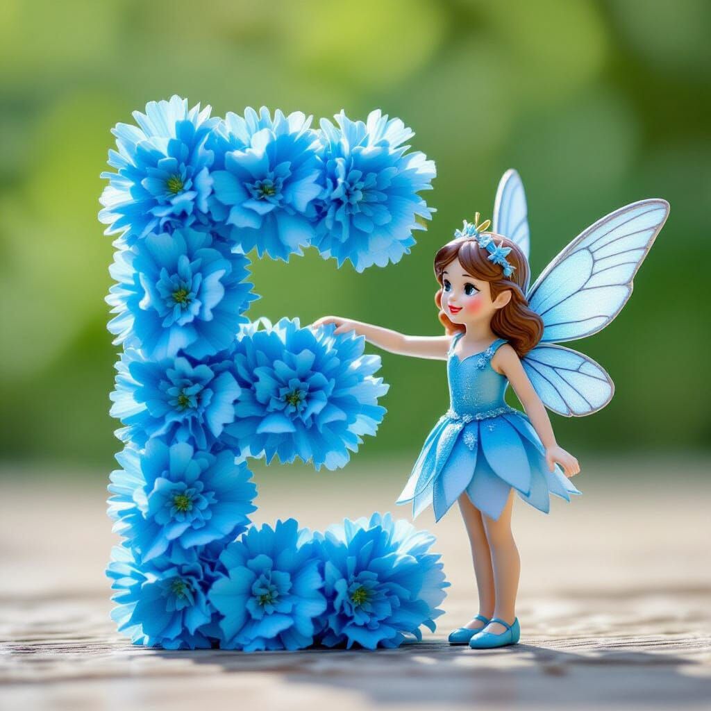 Little Blue Fairy Beside Carnation Letter E