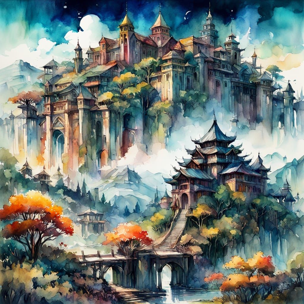 Fantasy Landscape in Watercolor with Intricate Architecture