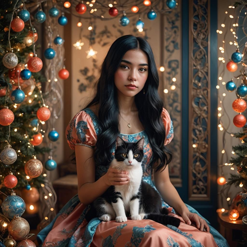 Girl with Cat in Christmas Decorated Room