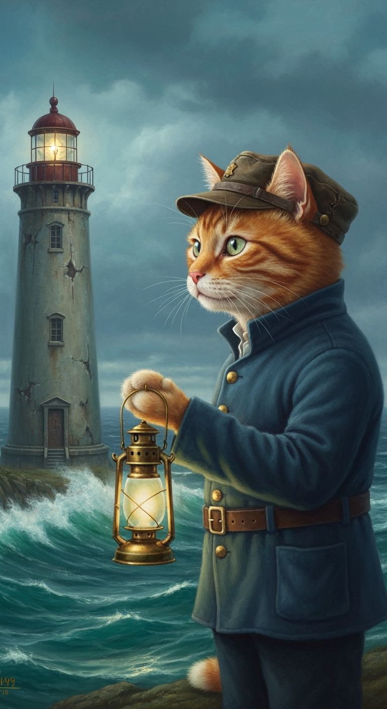 Anthropomorphic cat lighthouse keeper looking out to sea