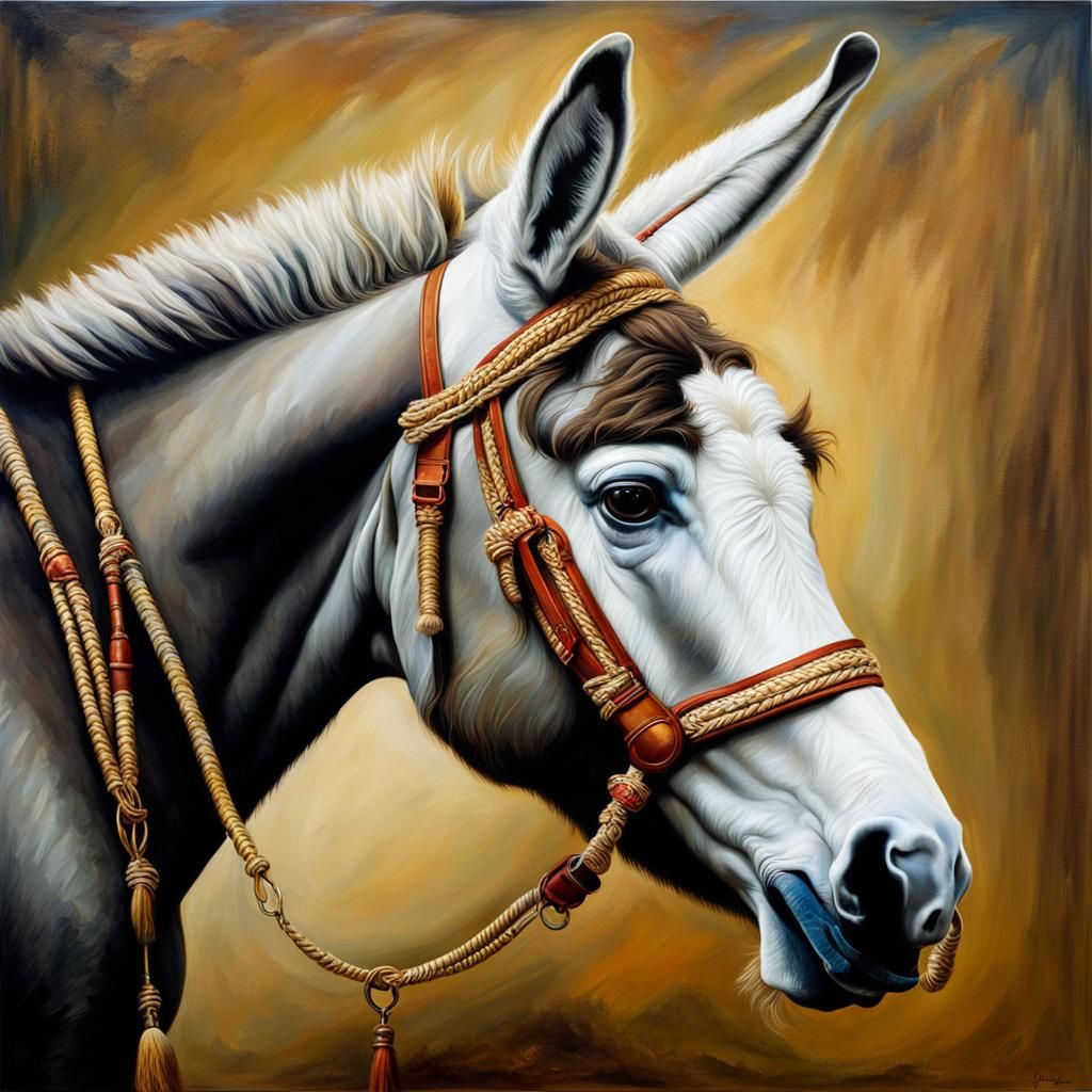 Wild White Donkey Portrait in Oil Painting Style