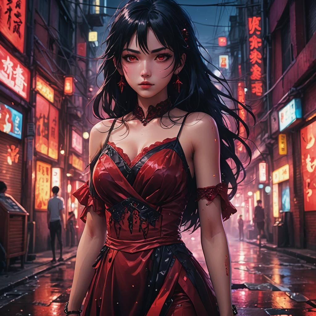 Mysterious Woman in Neon Alleyway: Anime Art
