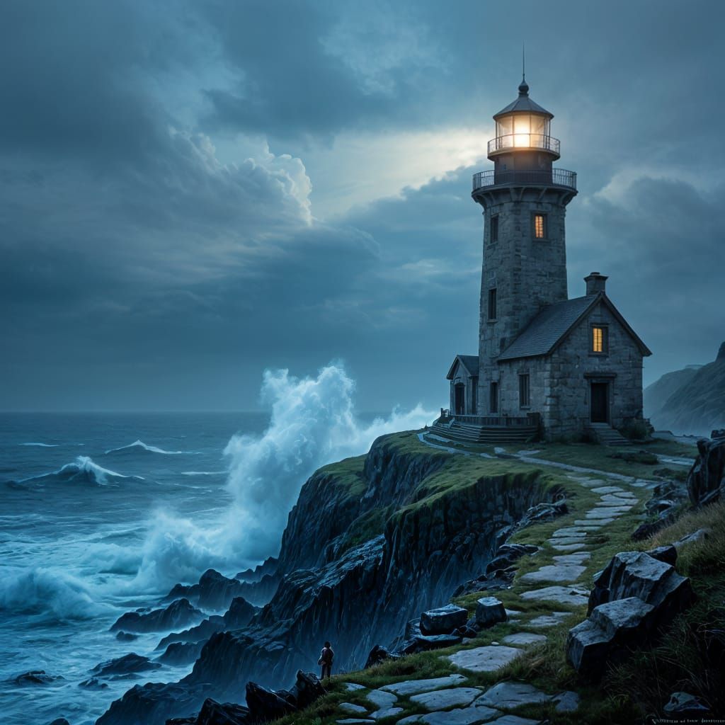 Weathered Lighthouse on Jagged Cliff Overlooking Starry Ocea...