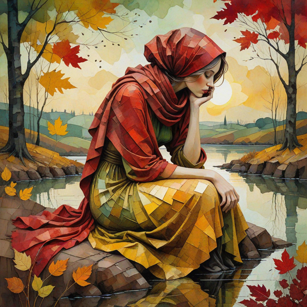 Serene Woman in Earthy Tones with Flowing Red Scarf