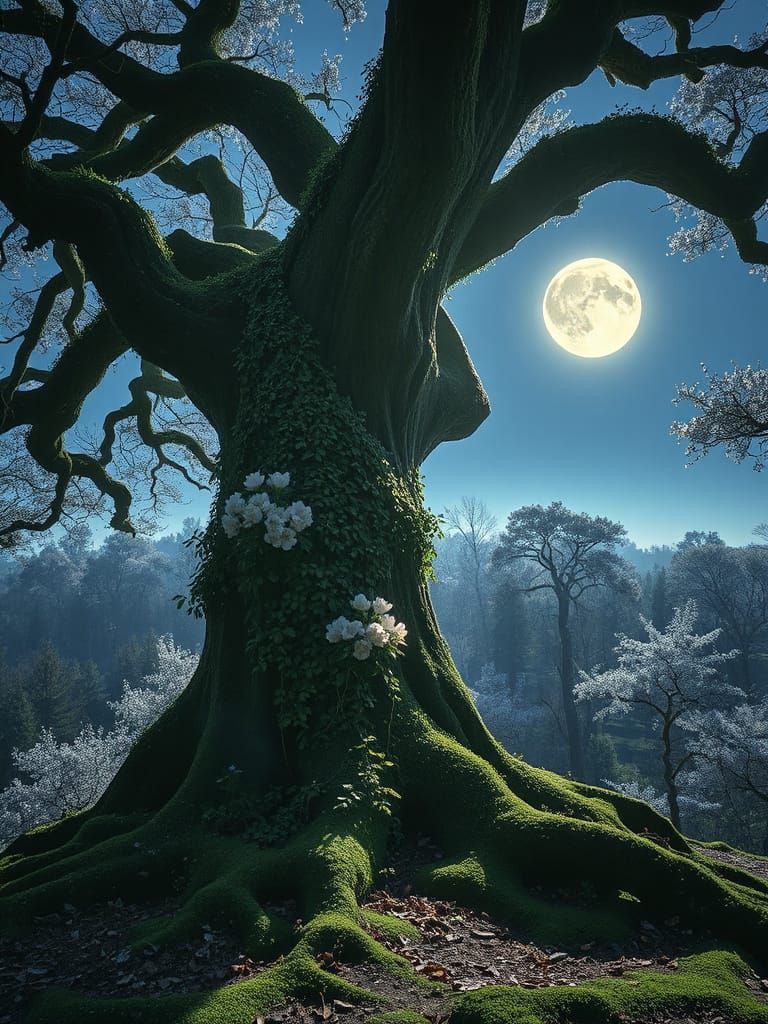 Enormous Tree Trunk Bathed in Ethereal Moonlight