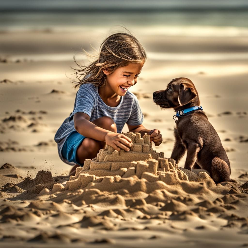 Girl and Puppy Build Sandcastle on Beach