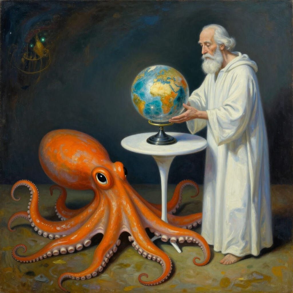 Surreal Oil Painting of Octopus Gazing at Mystical Globe