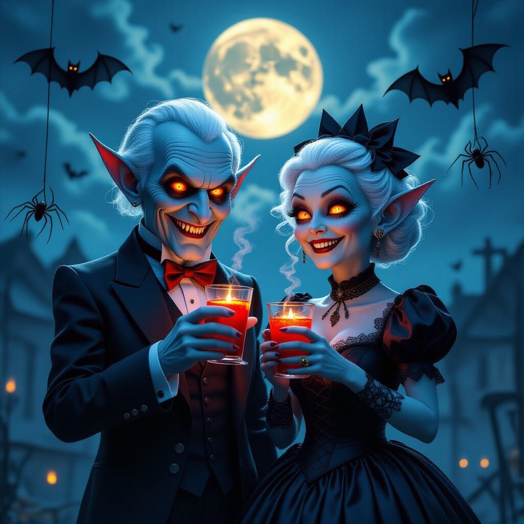 Adorable Vampire Couple in Gothic Halloween Scene