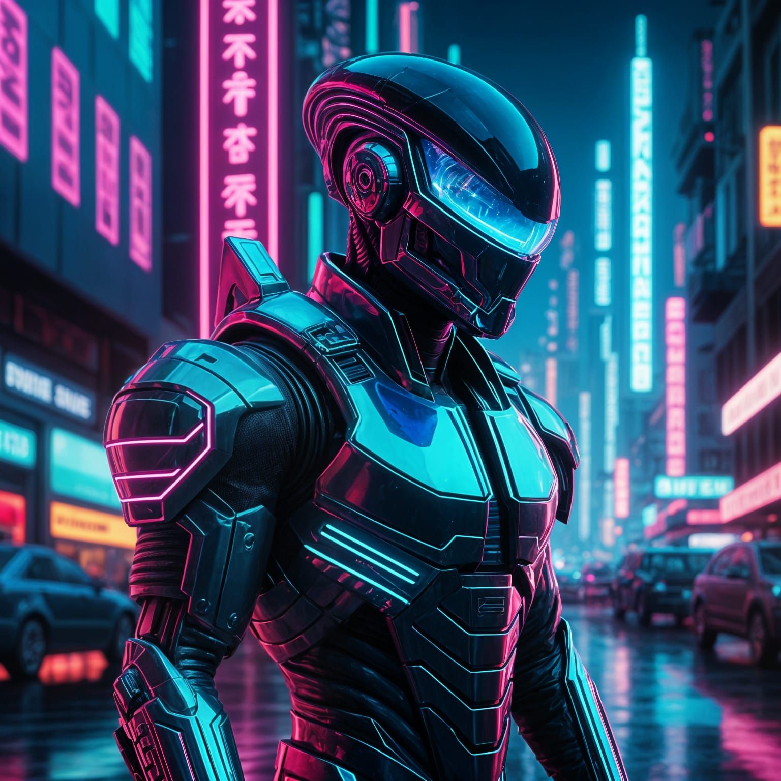 Cyberpunk Soldier in Neon-Lit Futuristic Armor