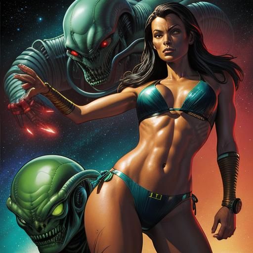 Alien Bikini Model in Comic Book Art Style