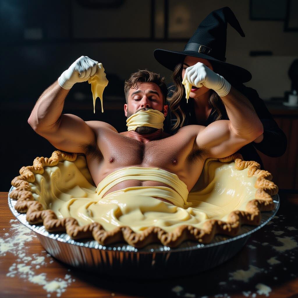 Muscular Officer Bound in Pie Dough by Witch