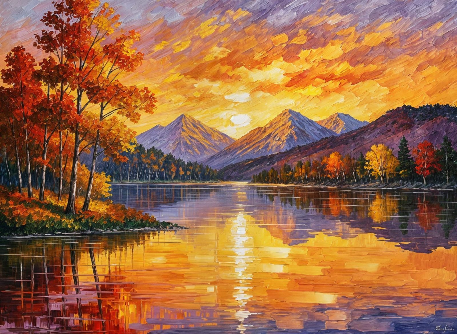 Vibrant Autumn Landscape at Sunset as Impasto Painting