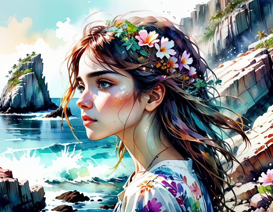 Emotional Woman on Paradise Island: Digital Watercolor