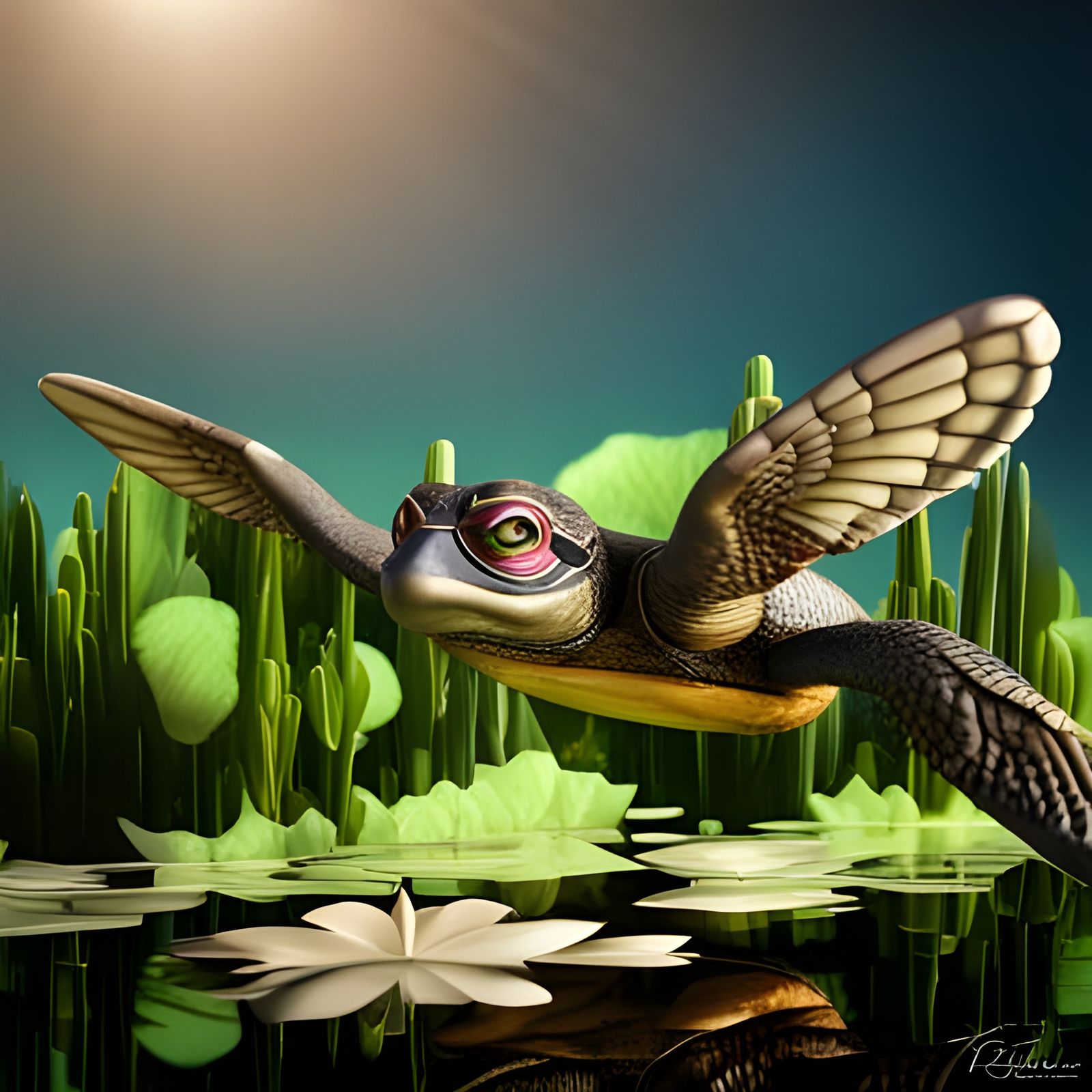 Steampunk Turtle Flight Over Lily Pond