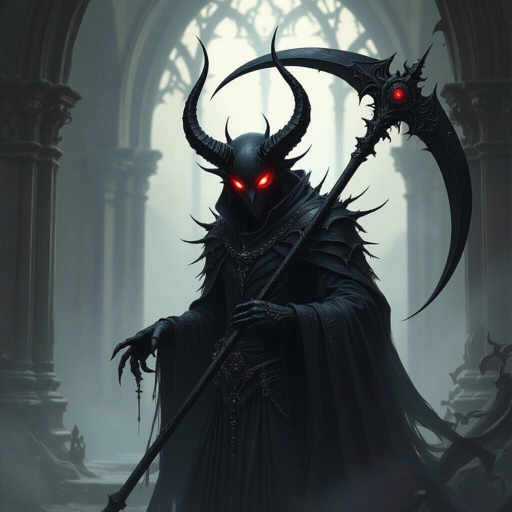 Gothic Creature With Red Eyes and Scythe in Shadowed Archite...