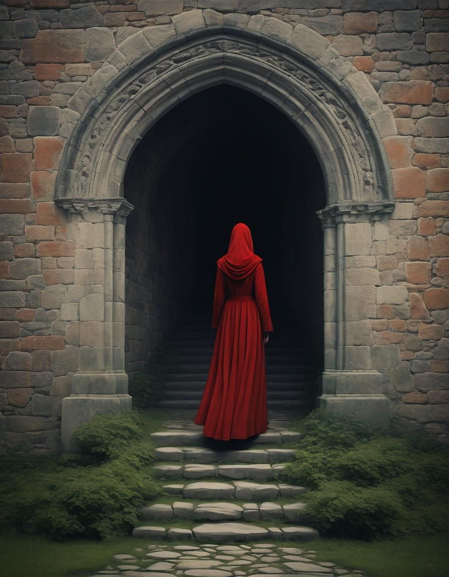 Ethereal Medieval Steps Art in Scarlet Hues