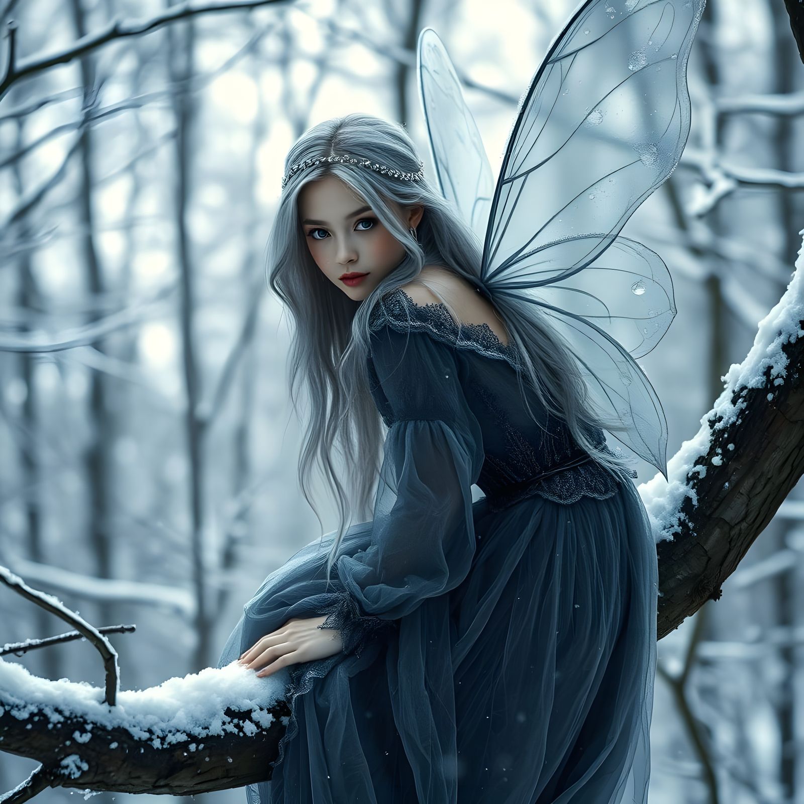 Fairy on the branch of a tree in a snowy forest in winter .