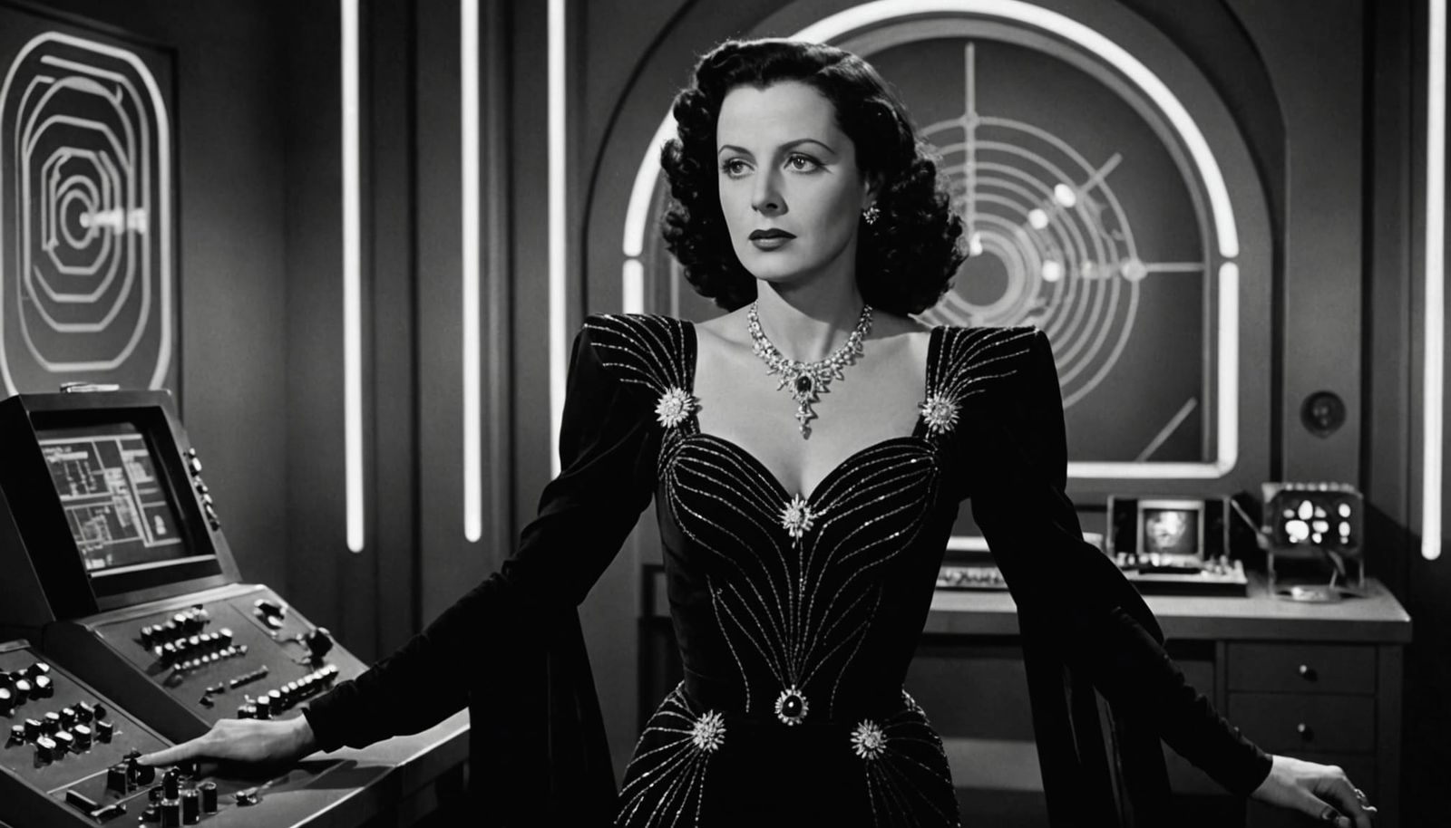 Hedy Lamarr as Retro-Futuristic Spy in Noir Lighting