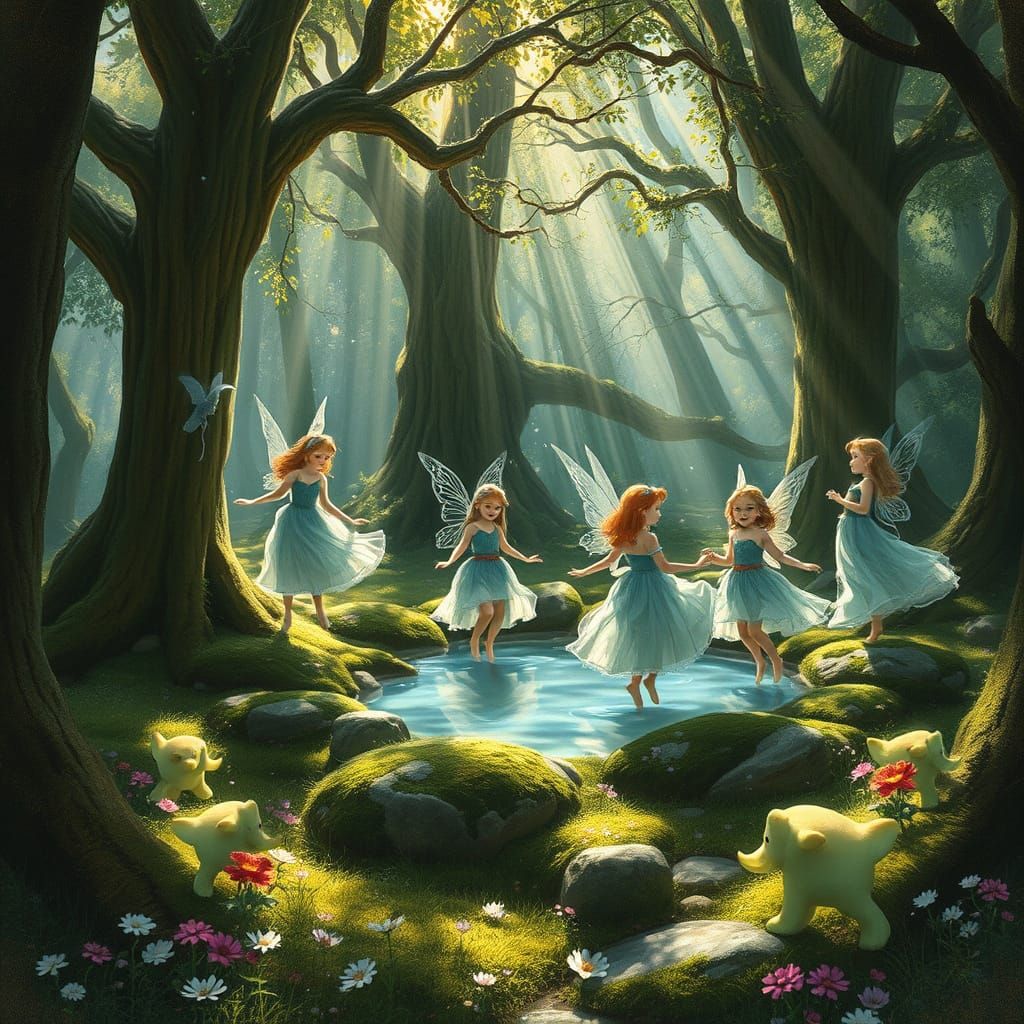 Fairies Dancing in Forest Grove, Rackham and Froud Style