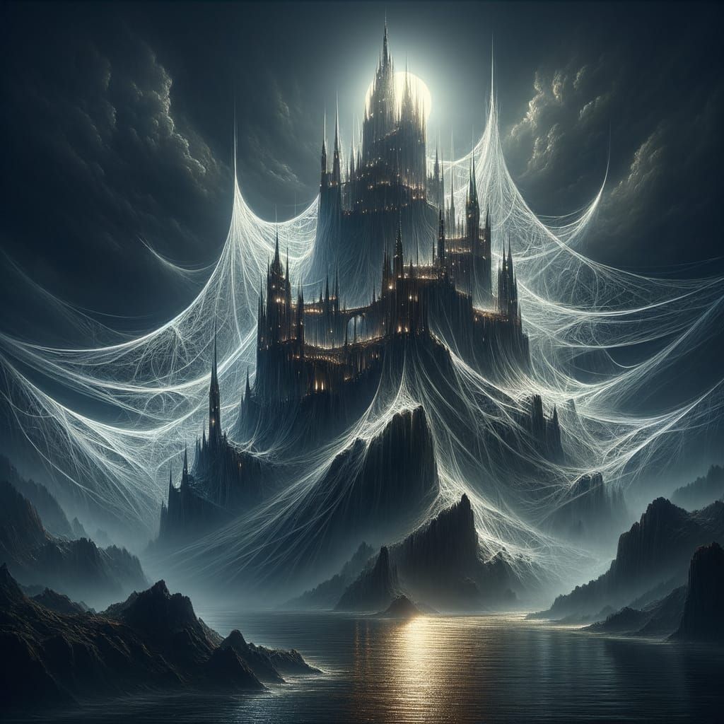 Ethereal Spider Silk Castle on Mountain Peak in Moonlight