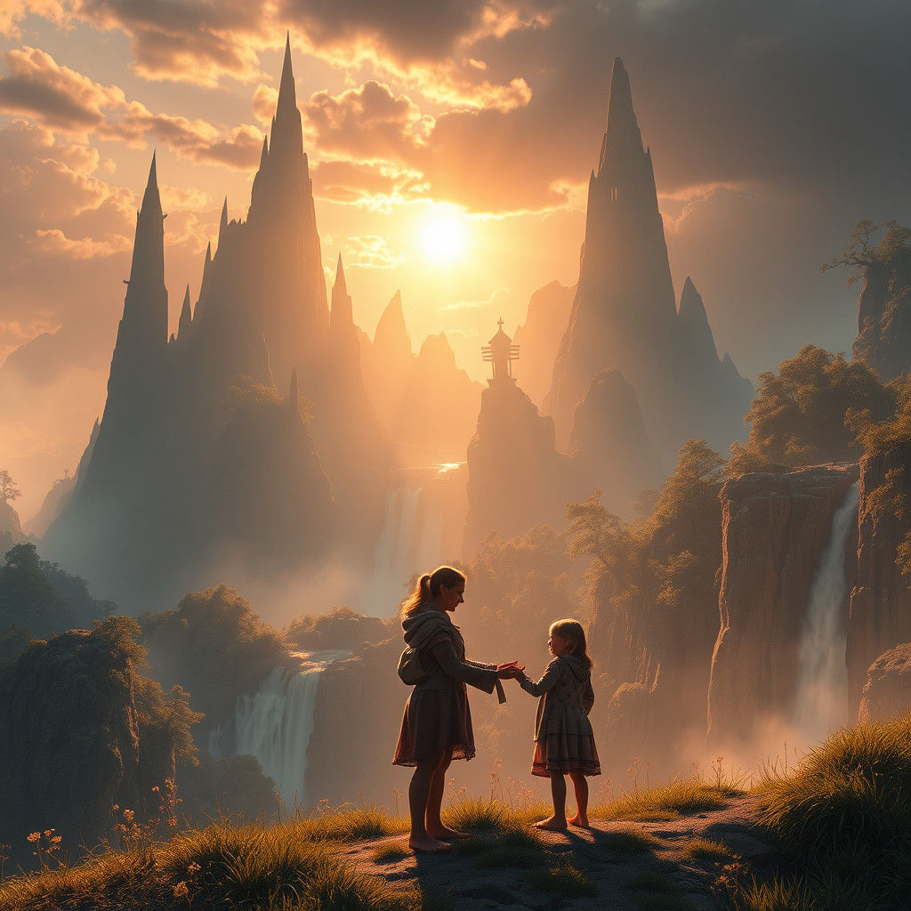 Mystical Family Moment in Fantasy Landscape