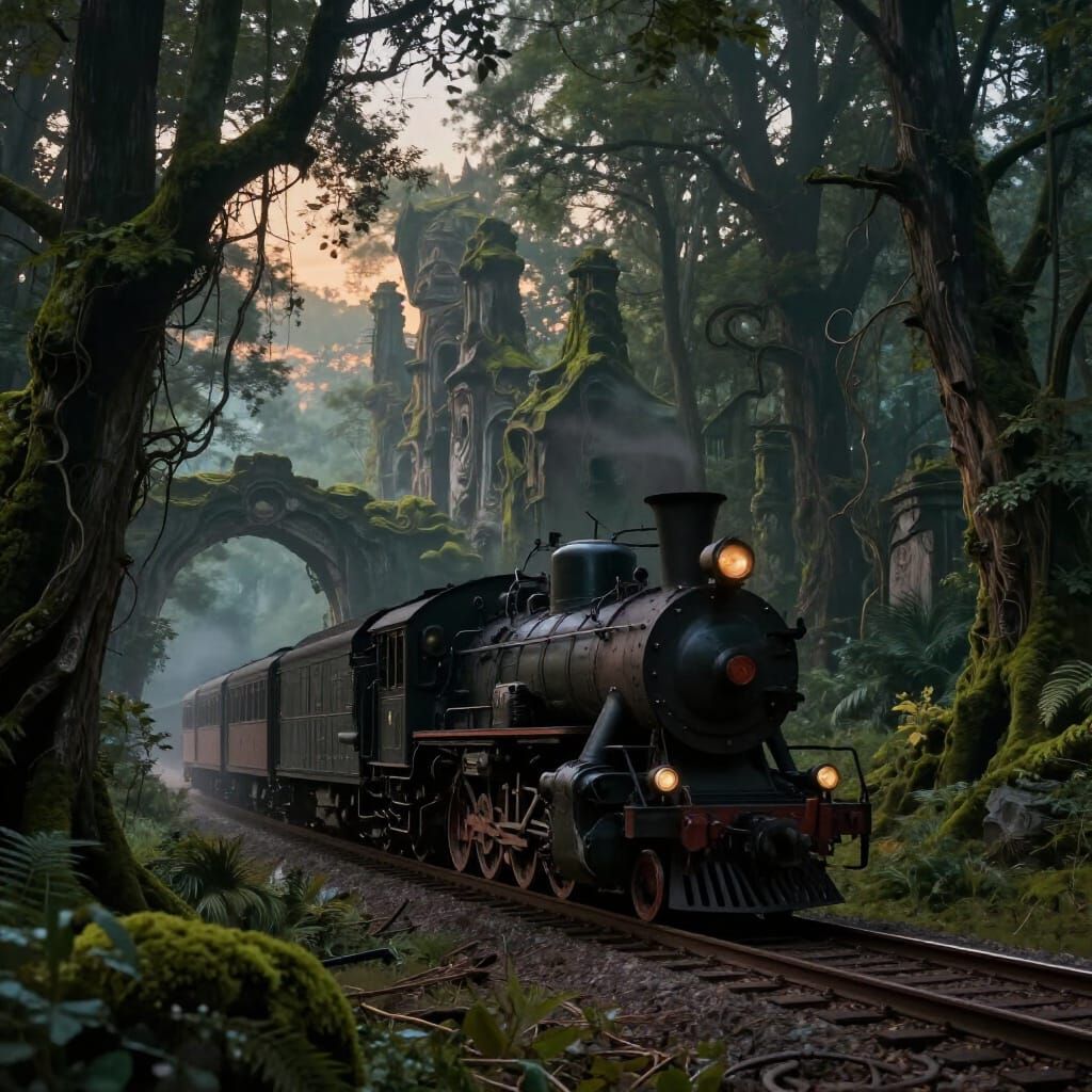 Art Nouveau Train in Mysterious Twilight Forest