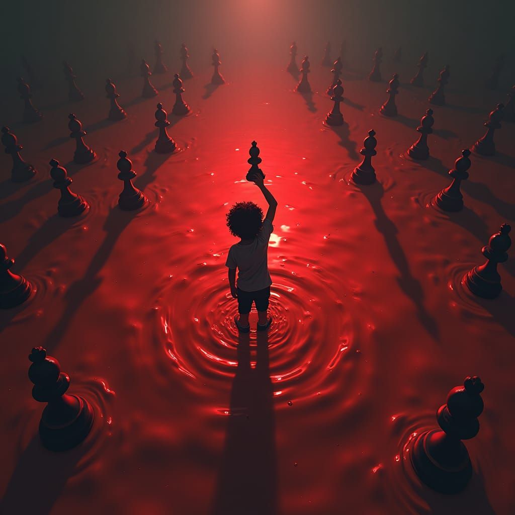 Boy with Chess Piece in Pool of Blood