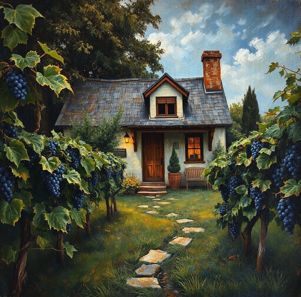 Impasto Painting of Cozy Vineyard Cottage in Lush Greenery