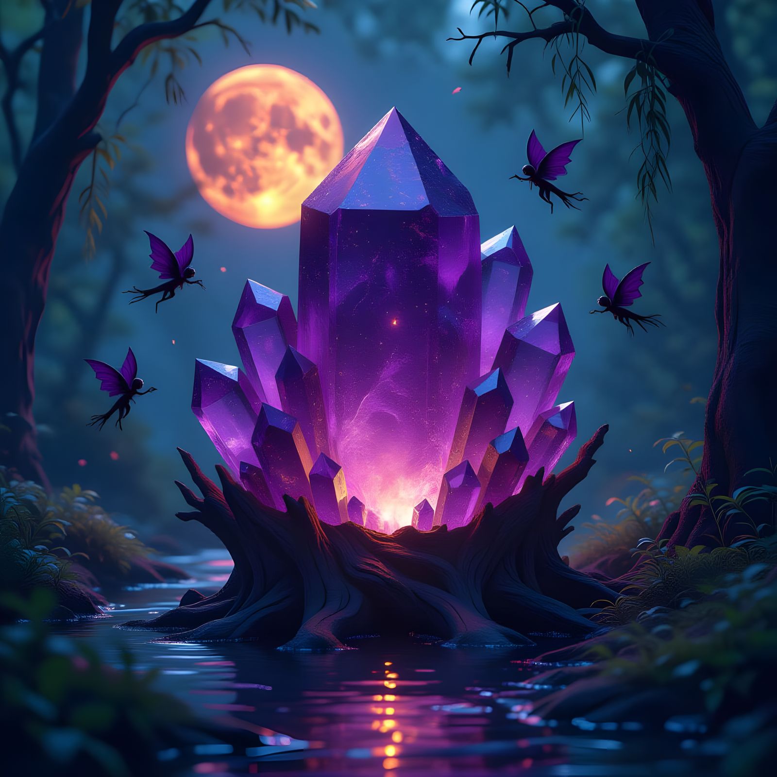 Giant Amethyst Quartz Cluster with Sprites Under Blood Moon