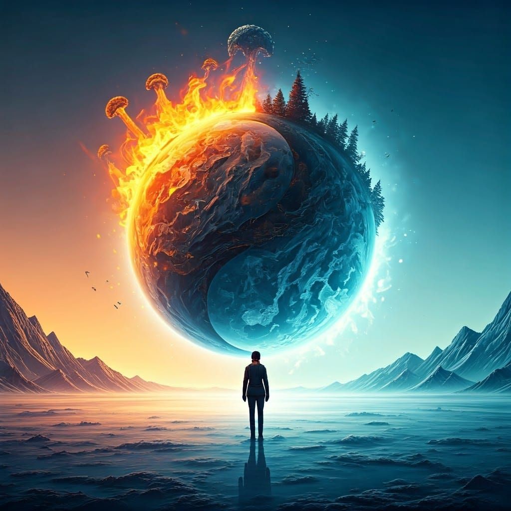Surreal Yin Yang Landscape with Fiery and Icy Earthly Elemen...