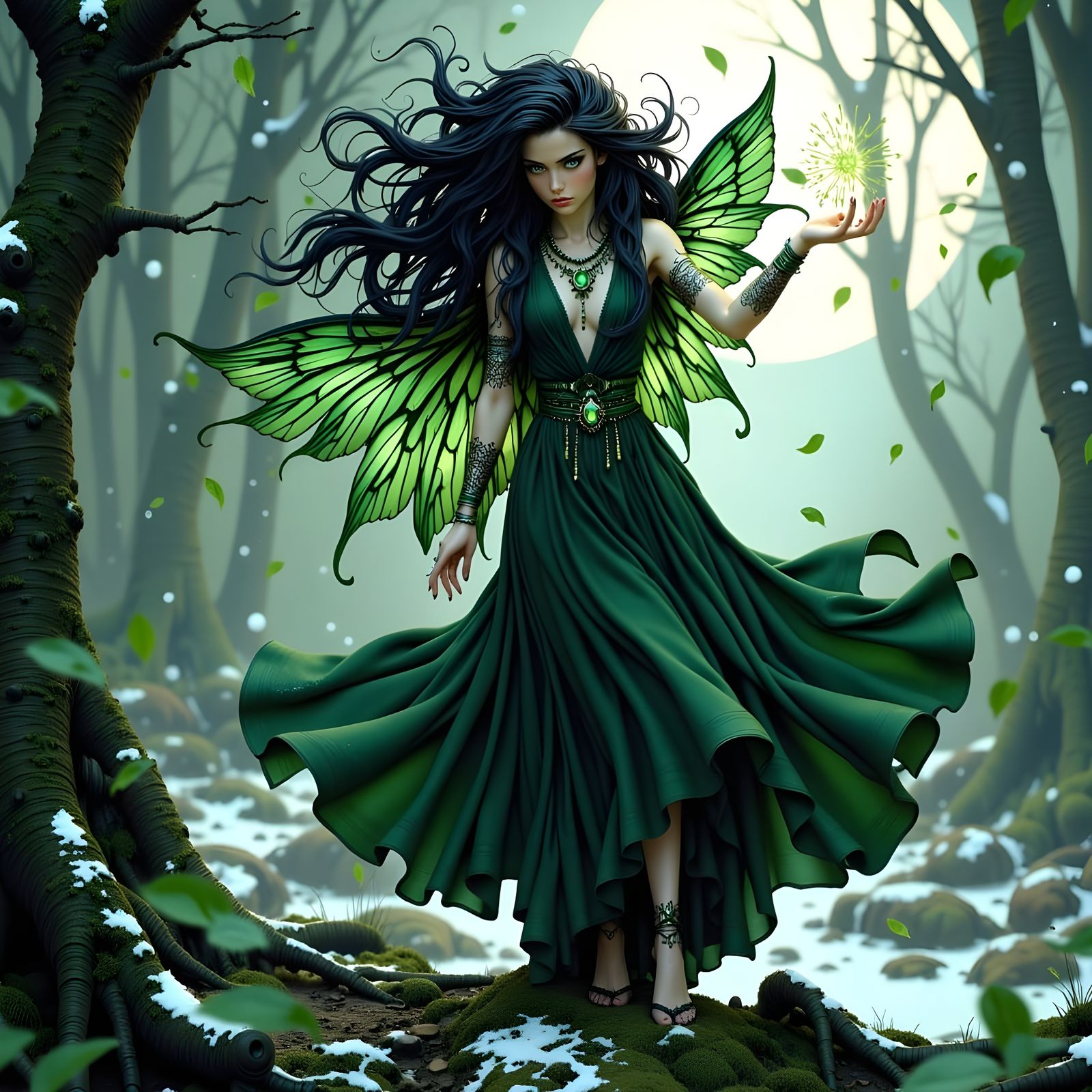 Ethereal Faerie Queen in a Tempest of Wind and Leaves