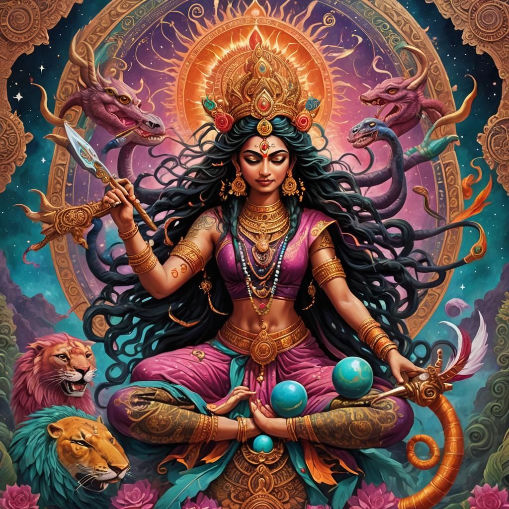 Hindu Goddess Maha Devi with Cosmic Elements