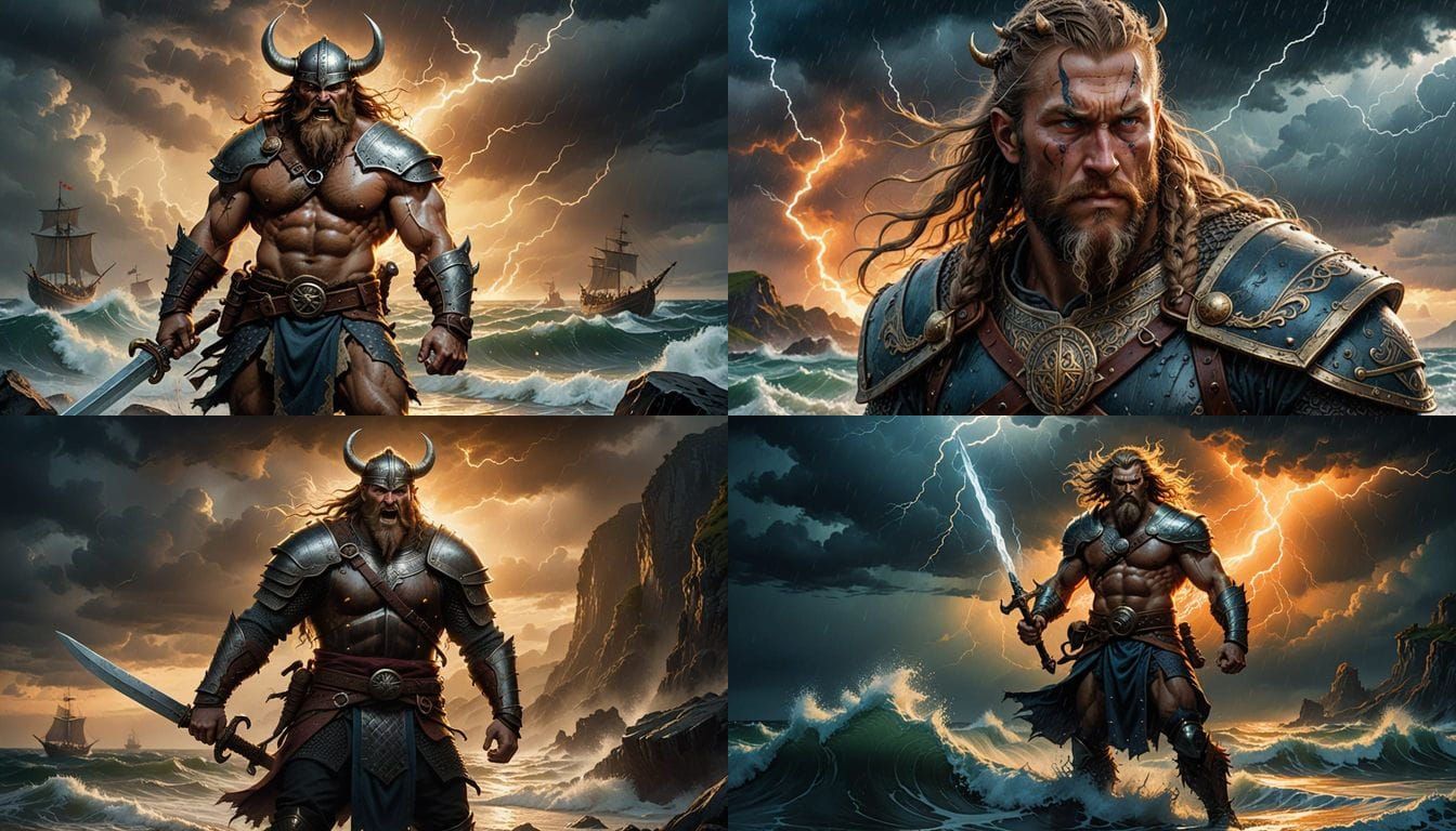 Viking Warrior Defies Stormy Skies with Mead and Sword