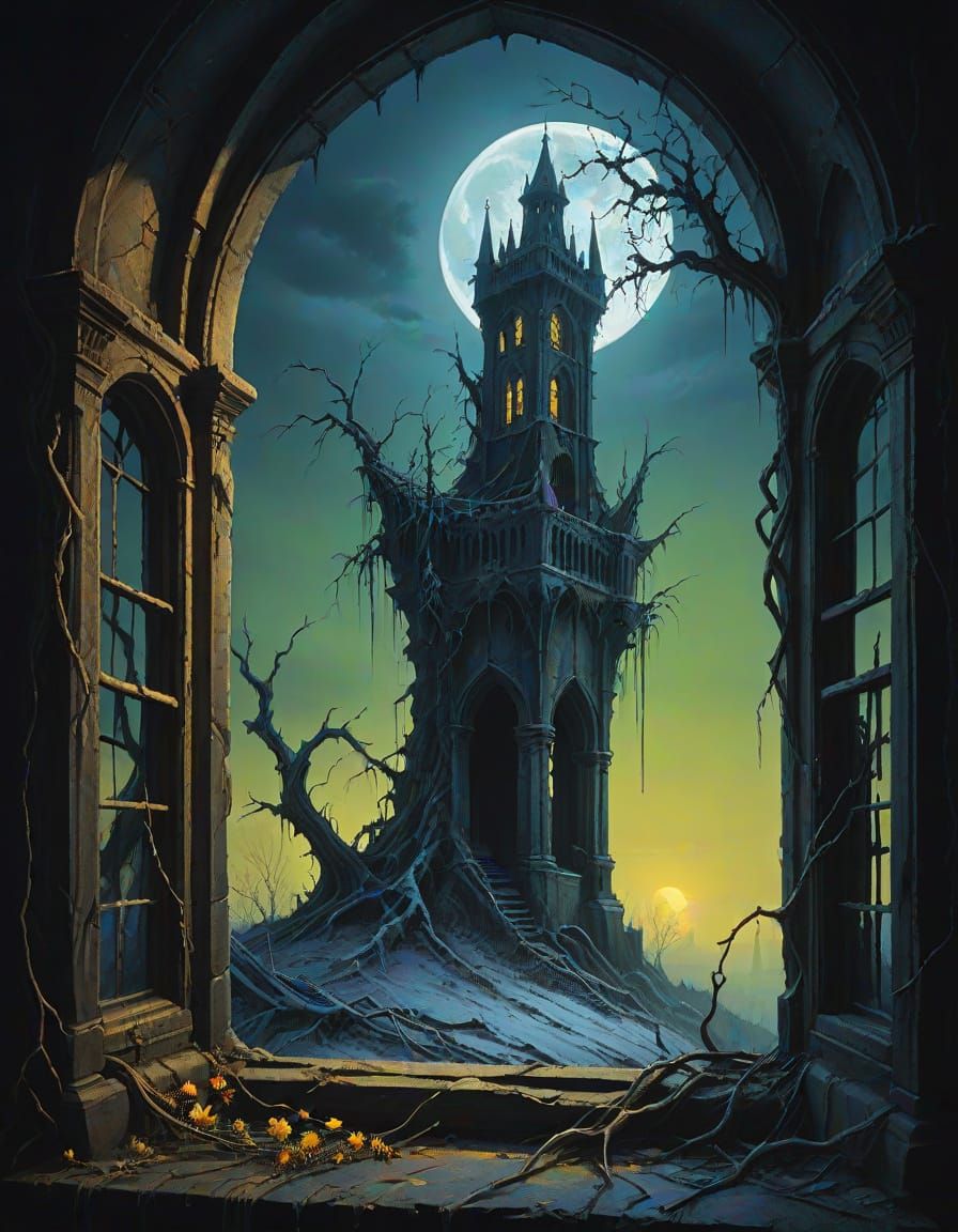 Ethereal Gothic Horror Scene with Twisted Branches and Fadin...