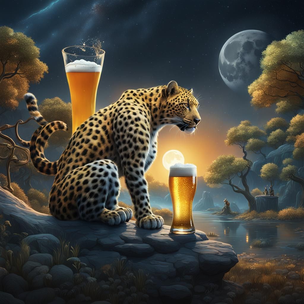 Leopard Drinks Beer on the Moon: Fantasy Concept