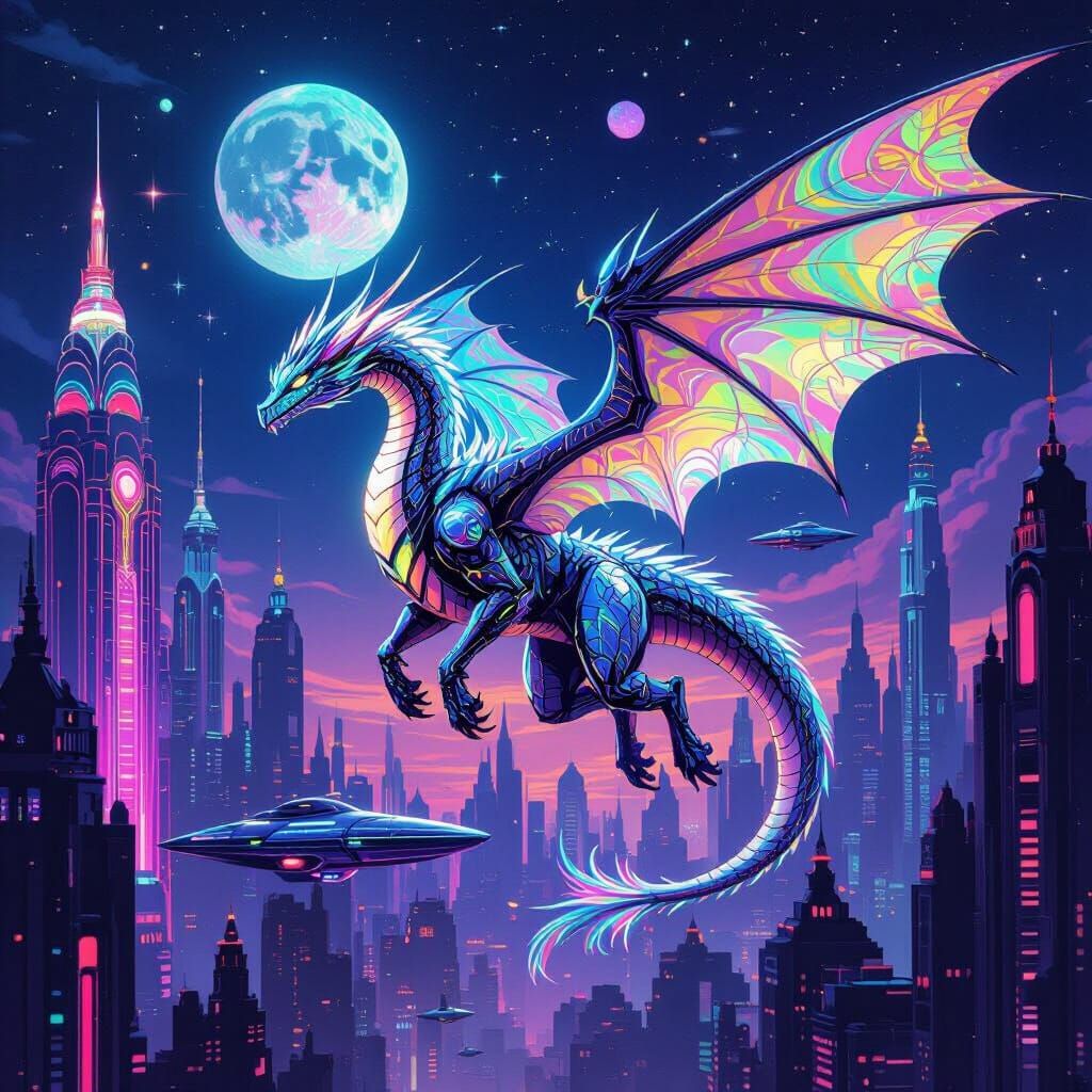 Bioluminescent Dragon Soaring Over Retro-Futuristic City