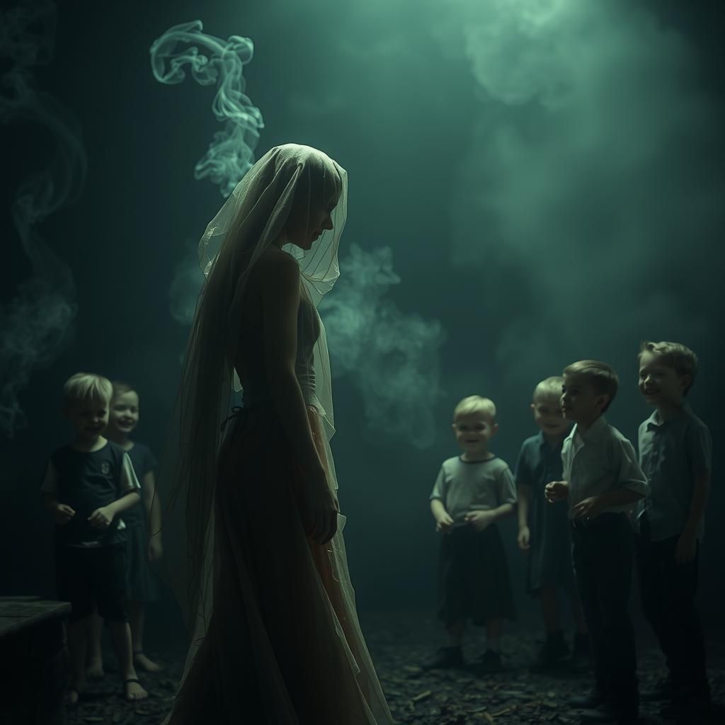 Ethereal Ghost Observes Children, Hyperrealistic Illustratio...