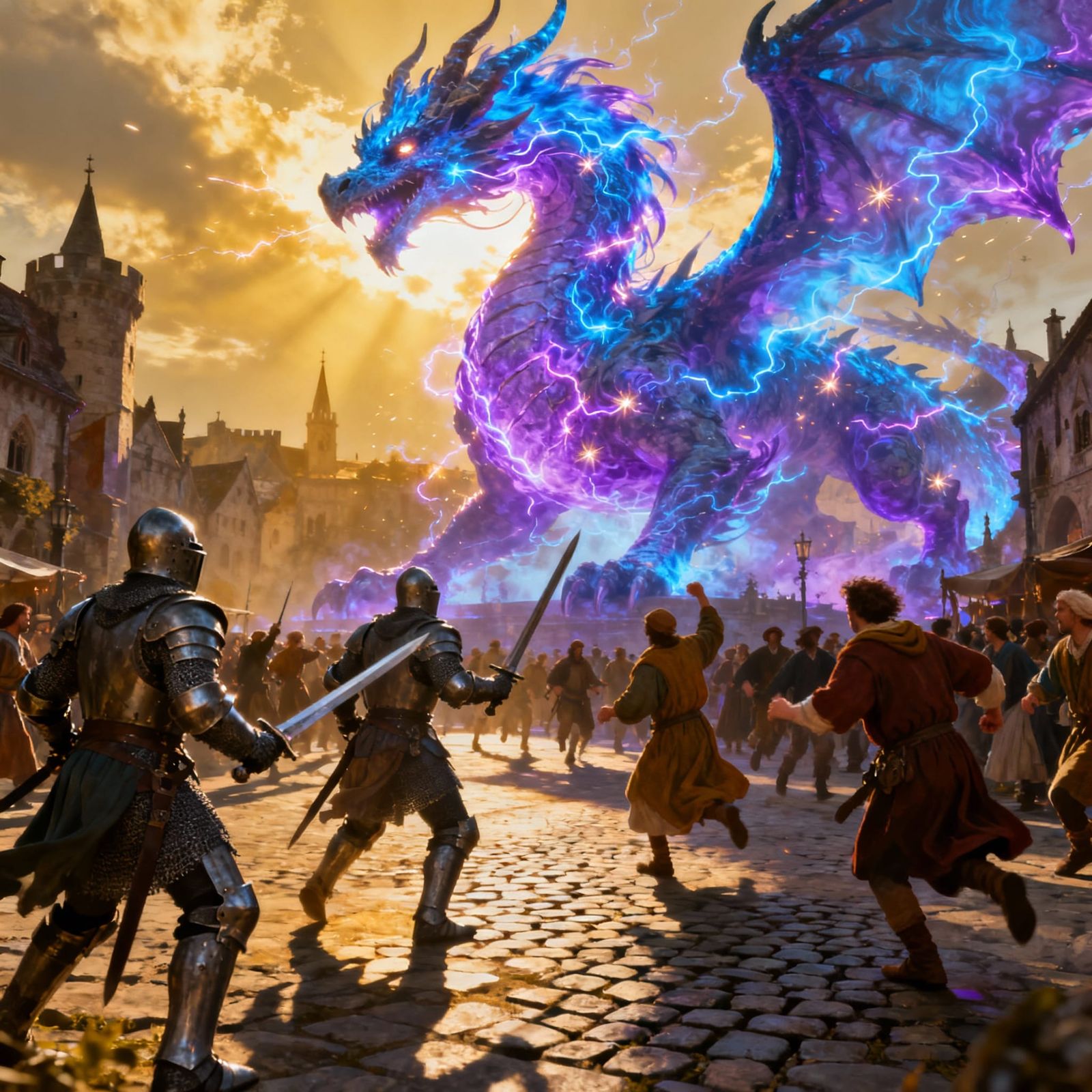 Ethereal Energy Dragon Disrupts Medieval City Square