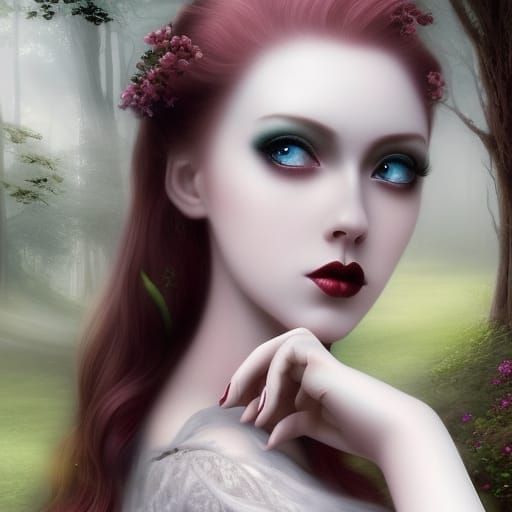 Ethereal gothic young lady with crimson red hair& Emerald green eyes& Burgundy red eyeshadow beautifully done& Winged bl...