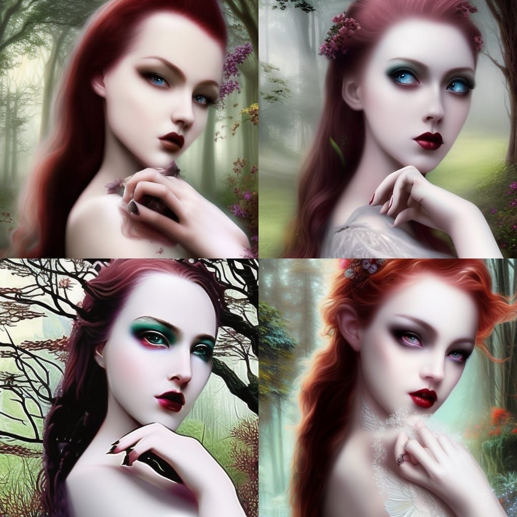 Ethereal gothic young lady with crimson red hair& Emerald green eyes& Burgundy red eyeshadow beautifully done& Winged bl...