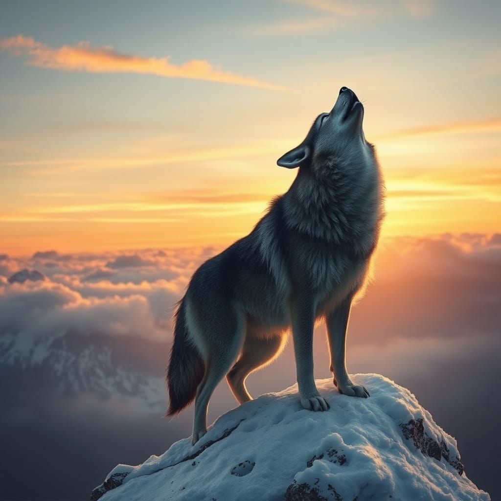 Lone Wolf Howling at Sunset in Digital Art Style