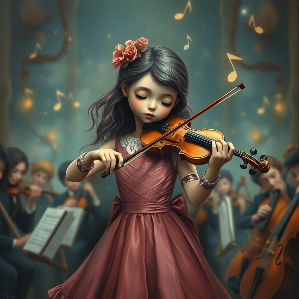 Enchanting Violinist in Whimsical Pop-Surrealist Fantasy