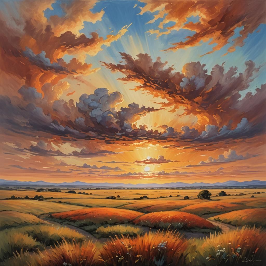 Vibrant Sunset Oil Painting Over Open Plain