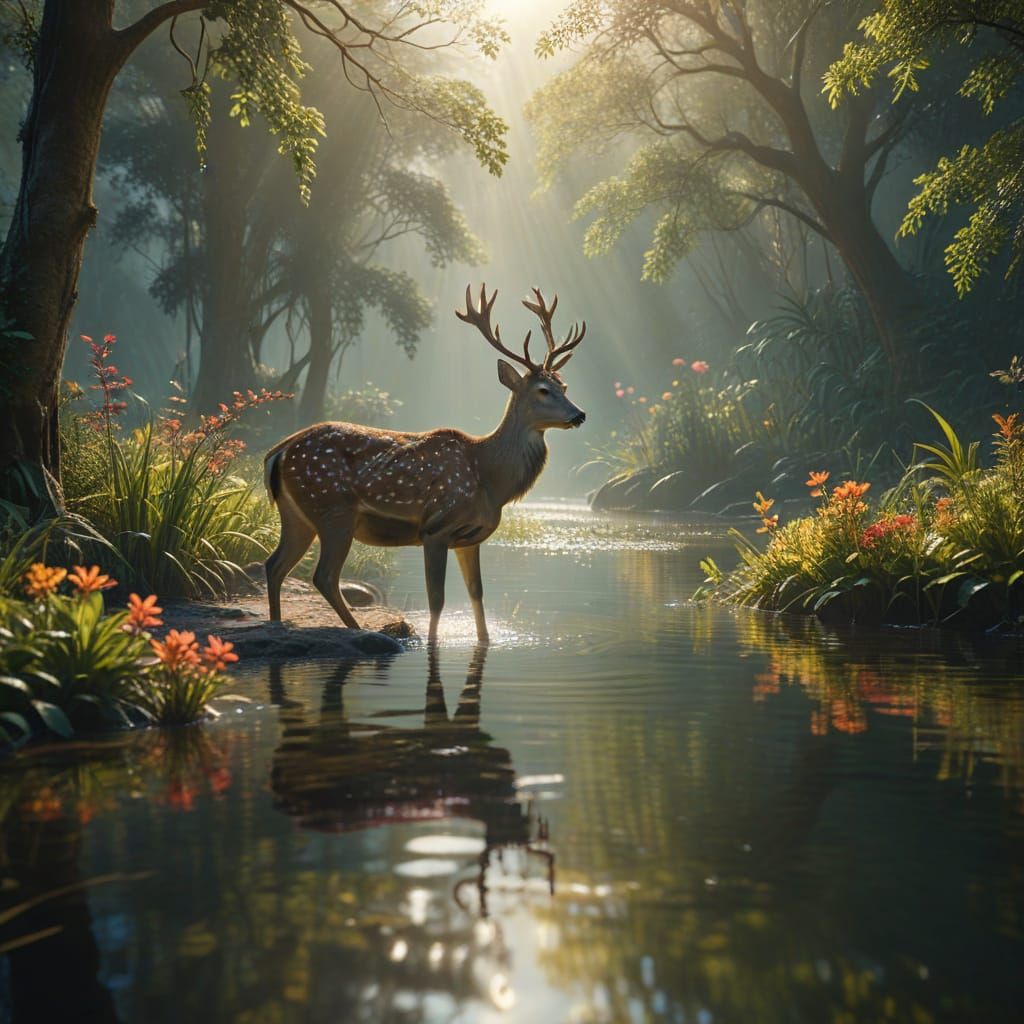 Deer Drinks at Jungle Lake in Golden Sunlight