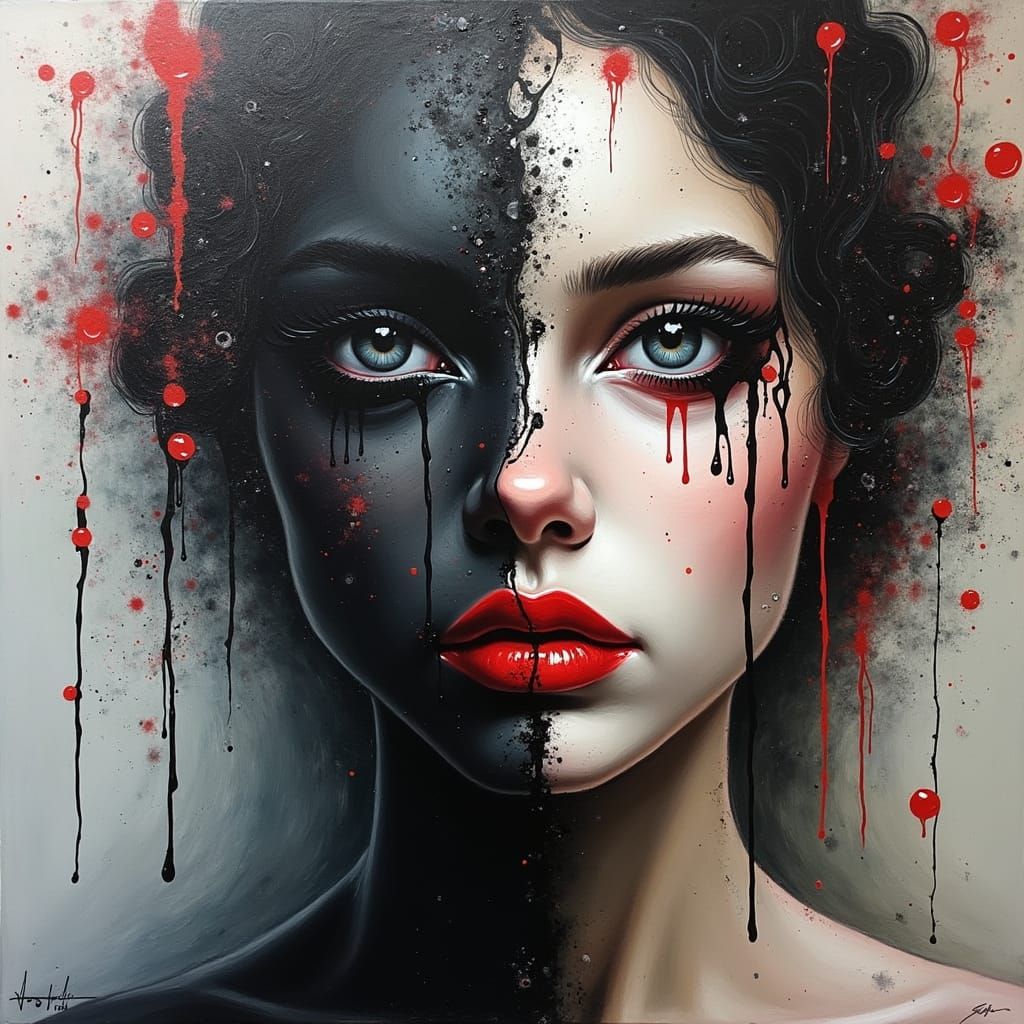 Surreal Oil Painting of a Dual-Faced Woman in Bold Colors